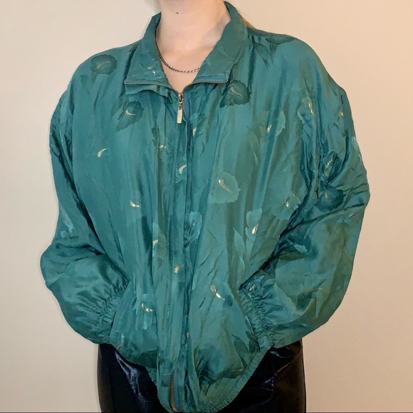 VTG 90’s 100% SILK Teal Blue Floral Bomber Jacket - Picture 2 of 8
